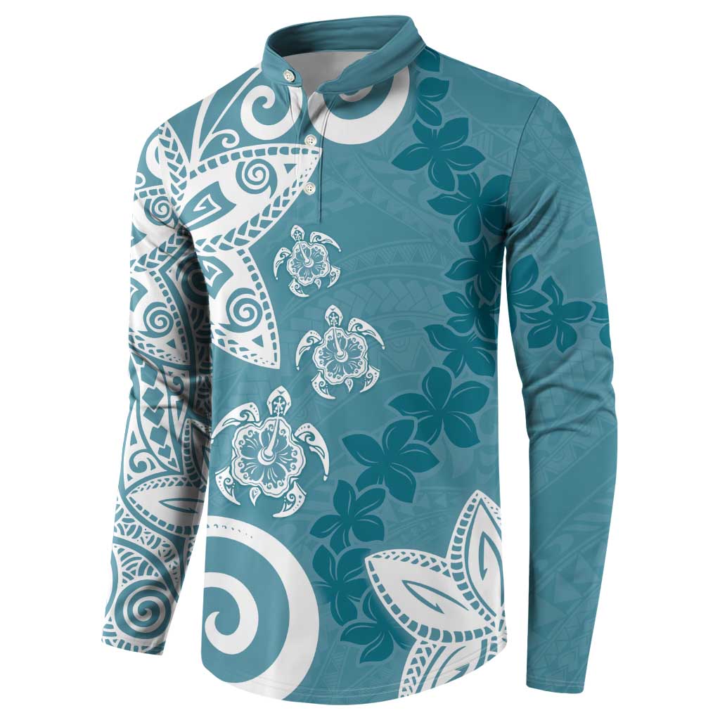 Polynesia Button Sweatshirt Hippie Blue Tribal Turtle Floral Pattern LT05 - Polynesian Pride
