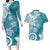 Polynesia Couples Matching Long Sleeve Bodycon Dress and Hawaiian Shirt Hippie Blue Tribal Turtle Floral Pattern