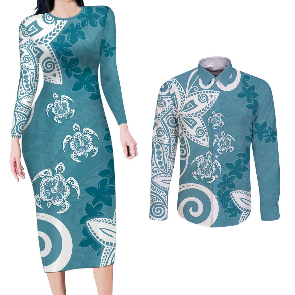 Polynesia Couples Matching Long Sleeve Bodycon Dress and Long Sleeve Button Shirt Hippie Blue Tribal Turtle Floral Pattern