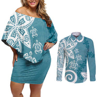 Polynesia Couples Matching Off Shoulder Short Dress and Long Sleeve Button Shirt Hippie Blue Tribal Turtle Floral Pattern