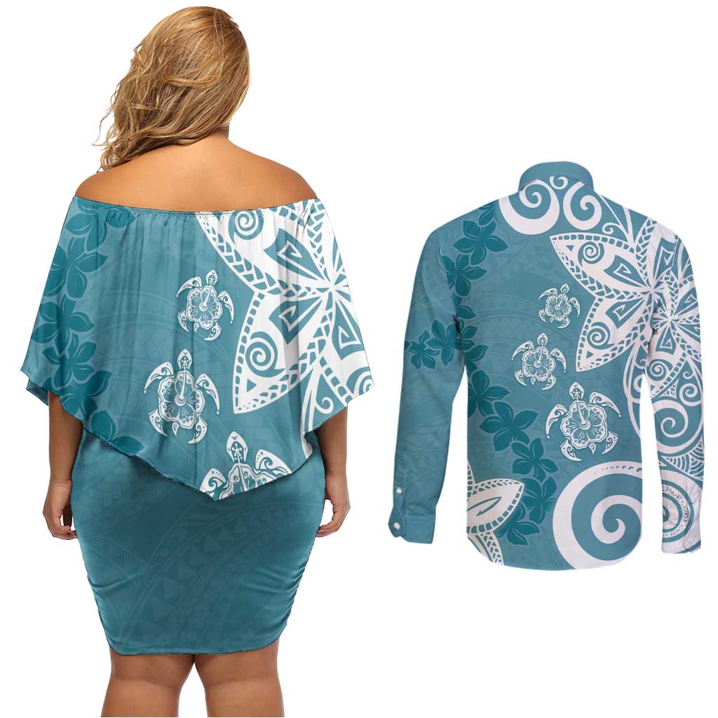 Polynesia Couples Matching Off Shoulder Short Dress and Long Sleeve Button Shirt Hippie Blue Tribal Turtle Floral Pattern