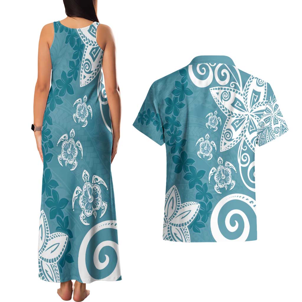 Polynesia Couples Matching Tank Maxi Dress and Hawaiian Shirt Hippie Blue Tribal Turtle Floral Pattern