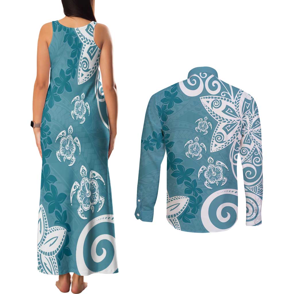 Polynesia Couples Matching Tank Maxi Dress and Long Sleeve Button Shirt Hippie Blue Tribal Turtle Floral Pattern