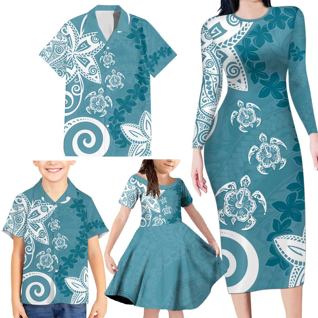 Polynesia Family Matching Long Sleeve Bodycon Dress and Hawaiian Shirt Hippie Blue Tribal Turtle Floral Pattern LT05 - Polynesian Pride