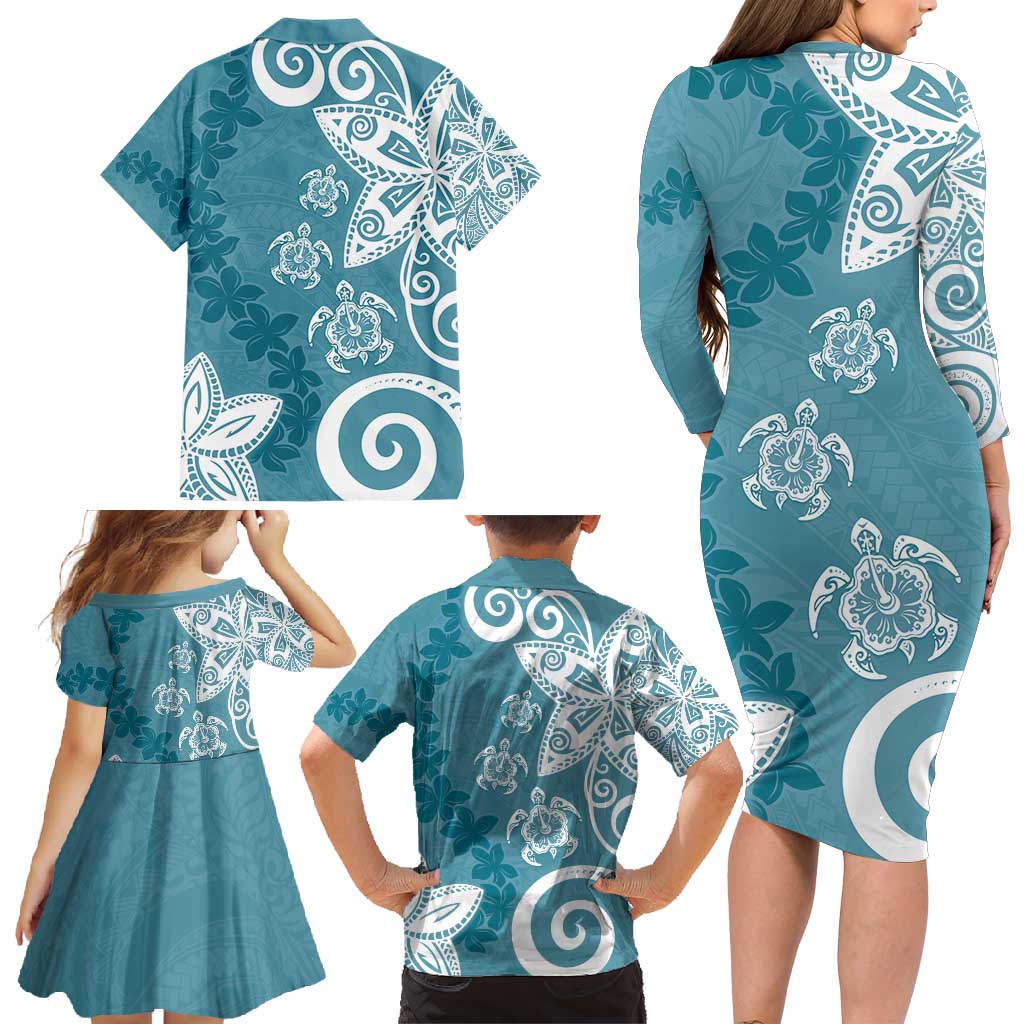 Polynesia Family Matching Long Sleeve Bodycon Dress and Hawaiian Shirt Hippie Blue Tribal Turtle Floral Pattern LT05 - Polynesian Pride