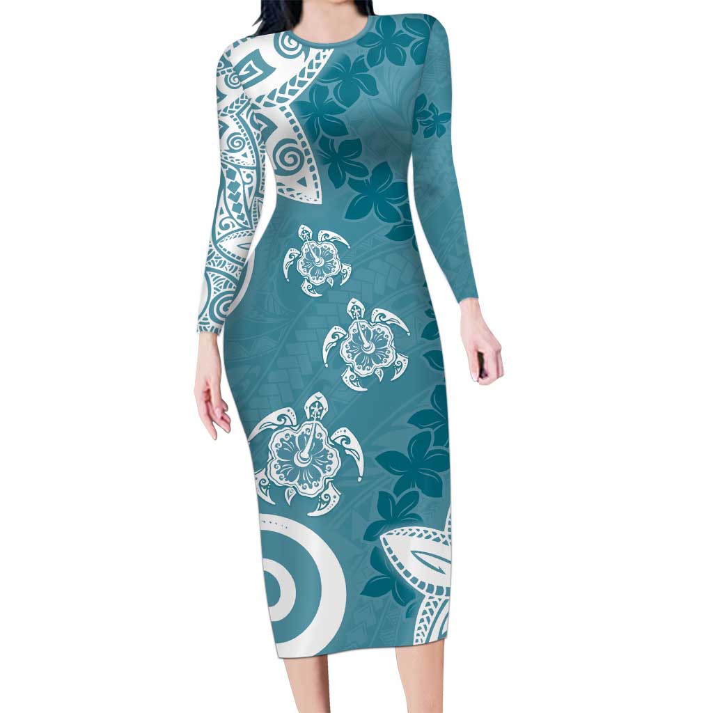 Polynesia Family Matching Long Sleeve Bodycon Dress and Hawaiian Shirt Hippie Blue Tribal Turtle Floral Pattern LT05 Mom's Dress Blue - Polynesian Pride