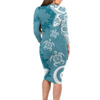 Polynesia Family Matching Long Sleeve Bodycon Dress and Hawaiian Shirt Hippie Blue Tribal Turtle Floral Pattern LT05 - Polynesian Pride