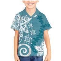 Polynesia Family Matching Mermaid Dress and Hawaiian Shirt Hippie Blue Tribal Turtle Floral Pattern LT05 Son's Shirt Blue - Polynesian Pride