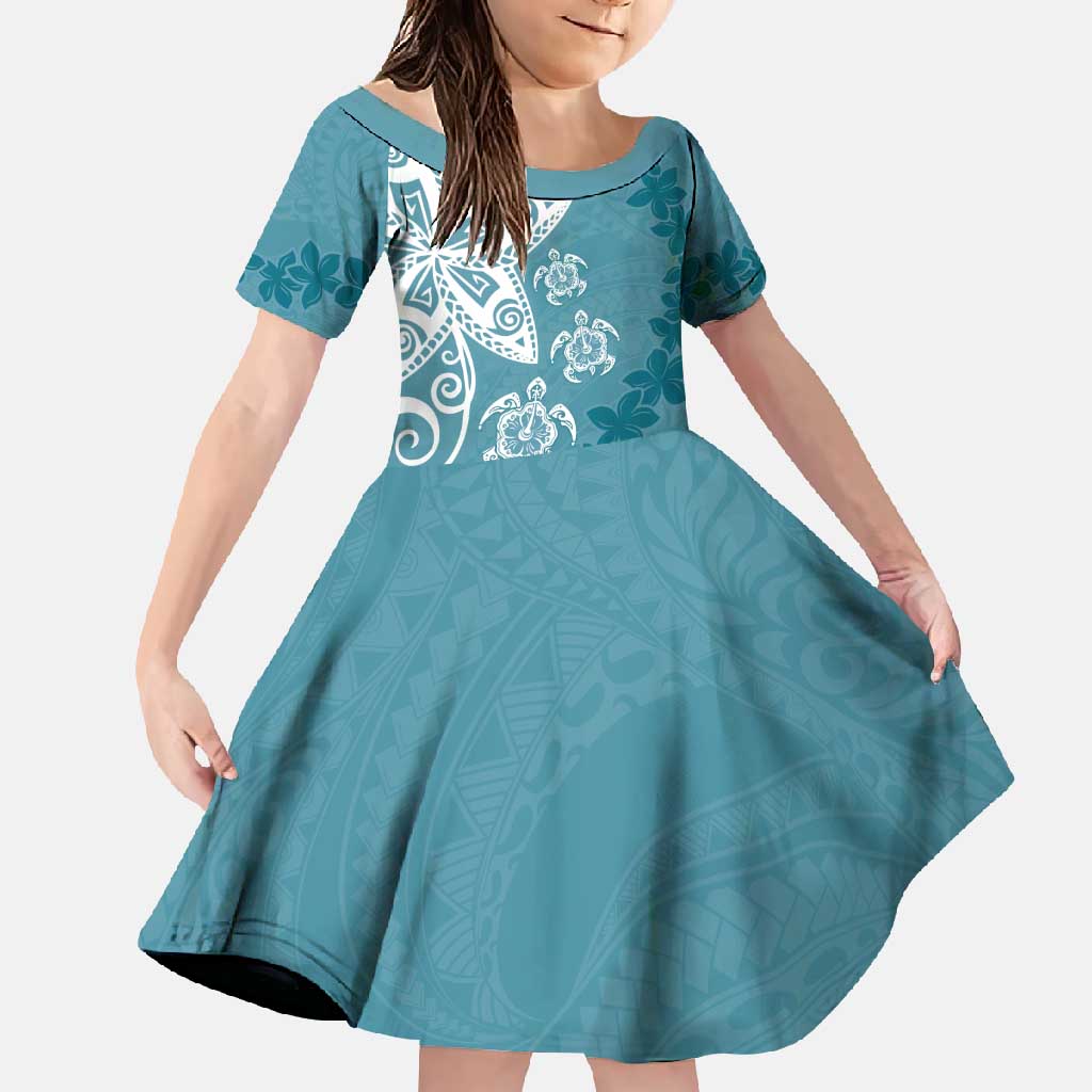 Polynesia Family Matching Off Shoulder Maxi Dress and Hawaiian Shirt Hippie Blue Tribal Turtle Floral Pattern LT05 Daughter's Dress Blue - Polynesian Pride