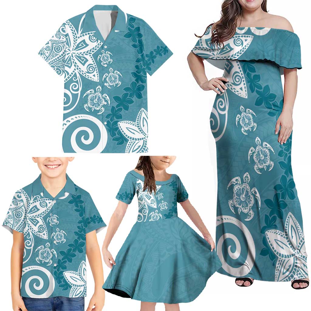 Polynesia Family Matching Off Shoulder Maxi Dress and Hawaiian Shirt Hippie Blue Tribal Turtle Floral Pattern LT05 - Polynesian Pride