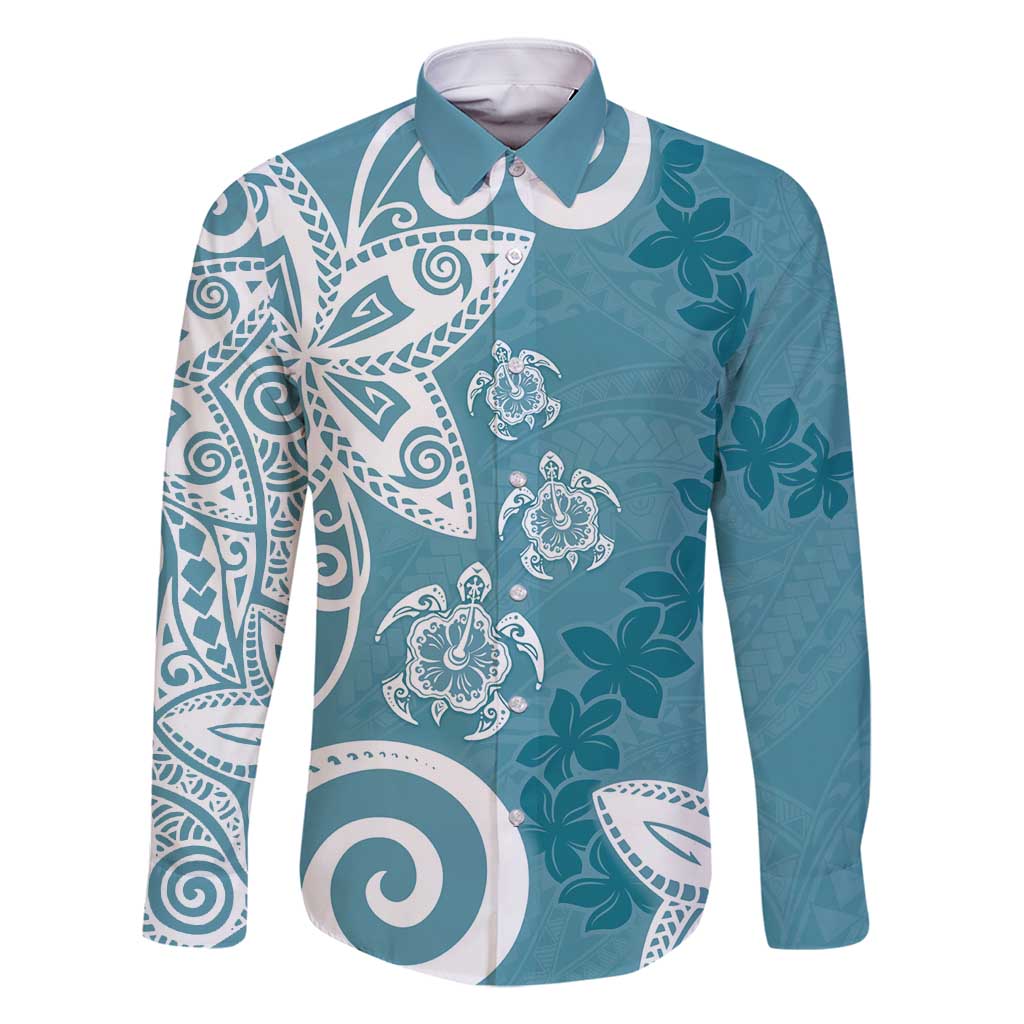 Polynesia Family Matching Off Shoulder Maxi Dress and Hawaiian Shirt Hippie Blue Tribal Turtle Floral Pattern LT05 Dad's Shirt - Long Sleeve Blue - Polynesian Pride