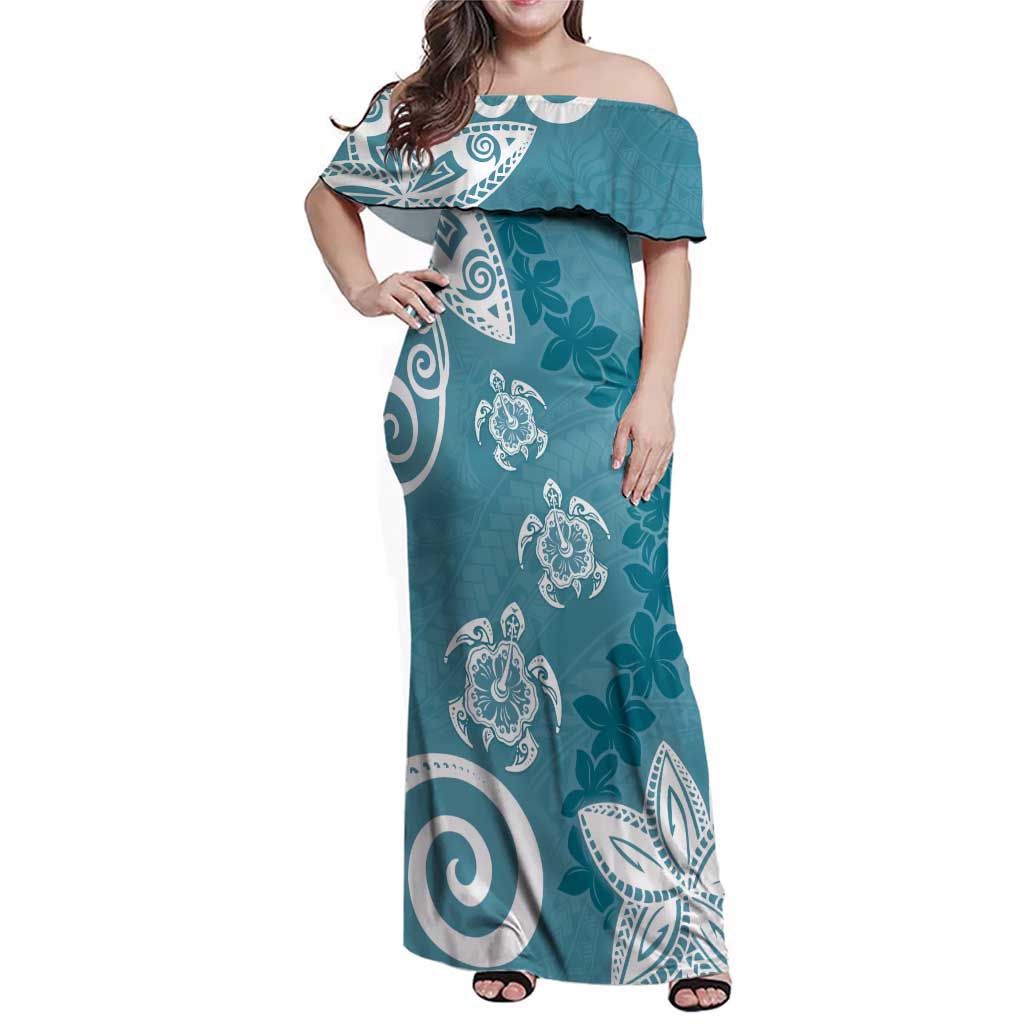 Polynesia Family Matching Off Shoulder Maxi Dress and Hawaiian Shirt Hippie Blue Tribal Turtle Floral Pattern LT05 Mom's Dress Blue - Polynesian Pride