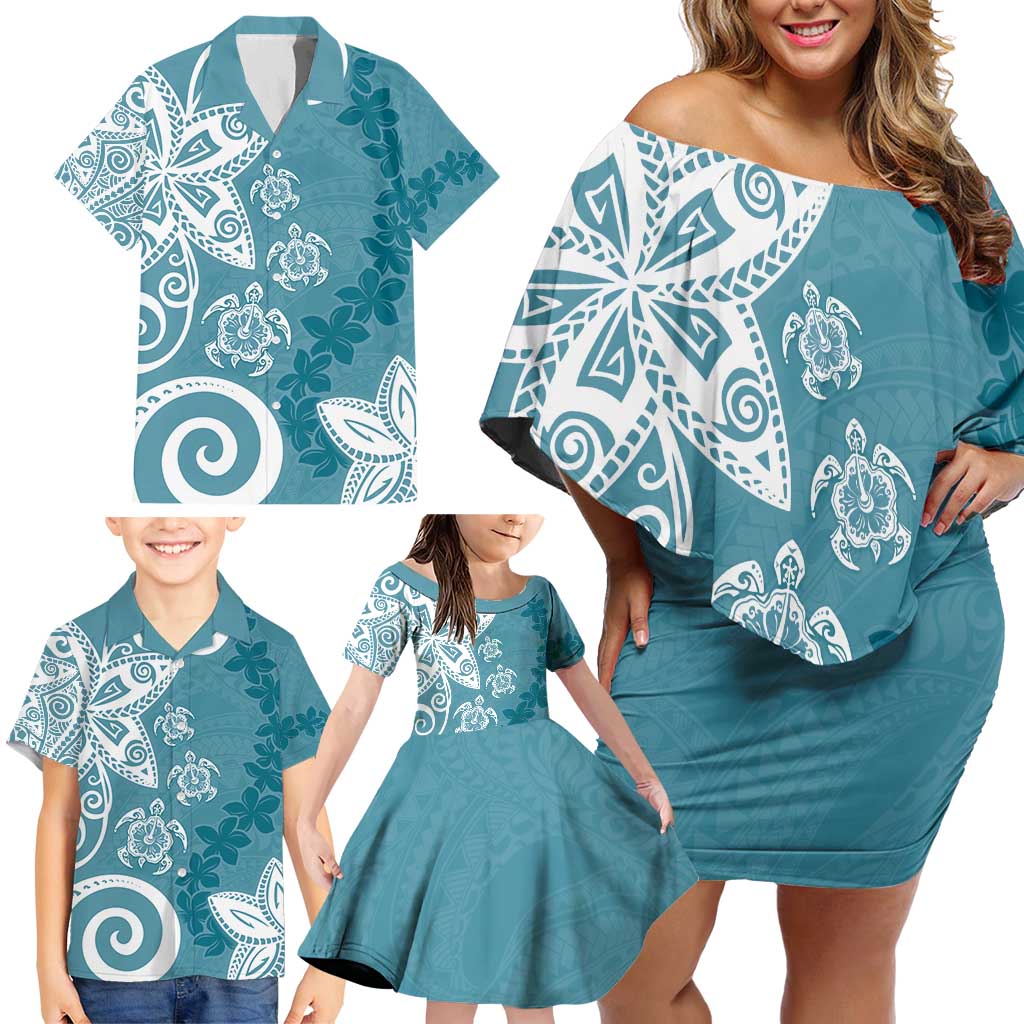 Polynesia Family Matching Off Shoulder Short Dress and Hawaiian Shirt Hippie Blue Tribal Turtle Floral Pattern LT05 - Polynesian Pride