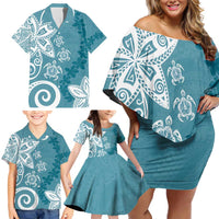 Polynesia Family Matching Off Shoulder Short Dress and Hawaiian Shirt Hippie Blue Tribal Turtle Floral Pattern LT05 - Polynesian Pride