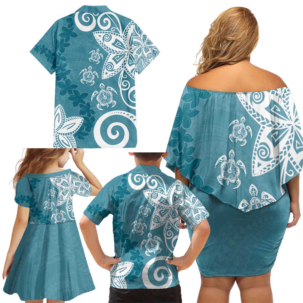 Polynesia Family Matching Off Shoulder Short Dress and Hawaiian Shirt Hippie Blue Tribal Turtle Floral Pattern LT05 - Polynesian Pride