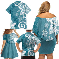Polynesia Family Matching Off Shoulder Short Dress and Hawaiian Shirt Hippie Blue Tribal Turtle Floral Pattern LT05 - Polynesian Pride