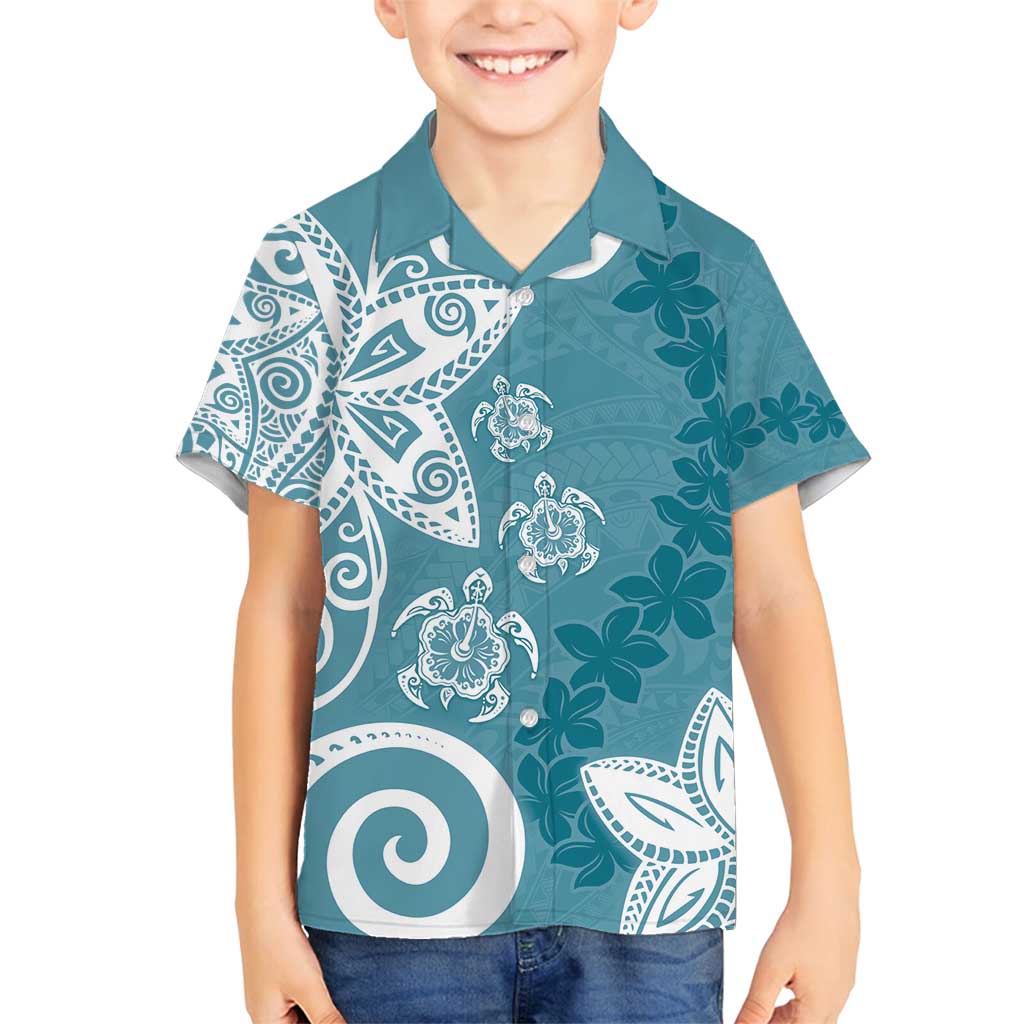 Polynesia Family Matching Off Shoulder Short Dress and Hawaiian Shirt Hippie Blue Tribal Turtle Floral Pattern LT05 Son's Shirt Blue - Polynesian Pride