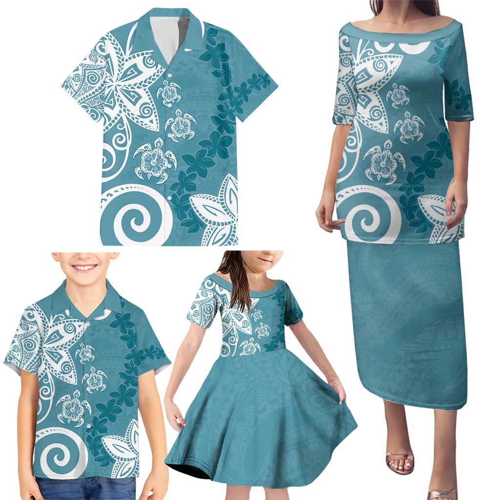 Polynesia Family Matching Puletasi and Hawaiian Shirt Hippie Blue Tribal Turtle Floral Pattern LT05 - Polynesian Pride