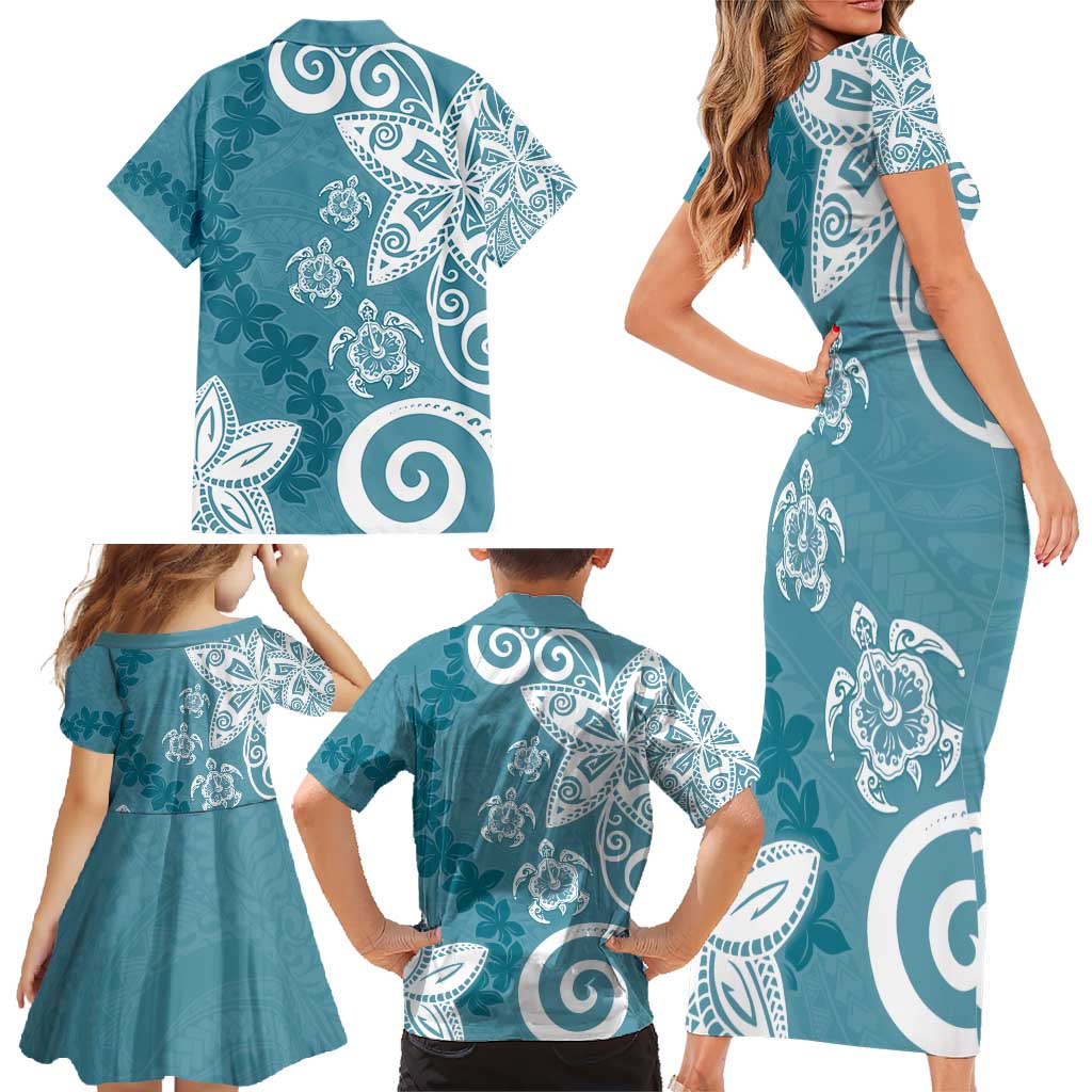 Polynesia Family Matching Short Sleeve Bodycon Dress and Hawaiian Shirt Hippie Blue Tribal Turtle Floral Pattern LT05 - Polynesian Pride