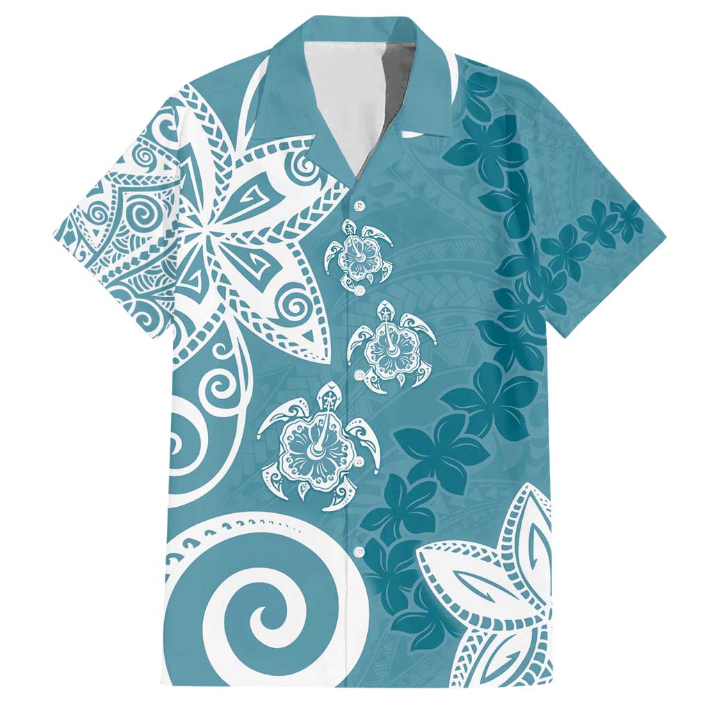 Polynesia Family Matching Short Sleeve Bodycon Dress and Hawaiian Shirt Hippie Blue Tribal Turtle Floral Pattern LT05 Dad's Shirt - Short Sleeve Blue - Polynesian Pride
