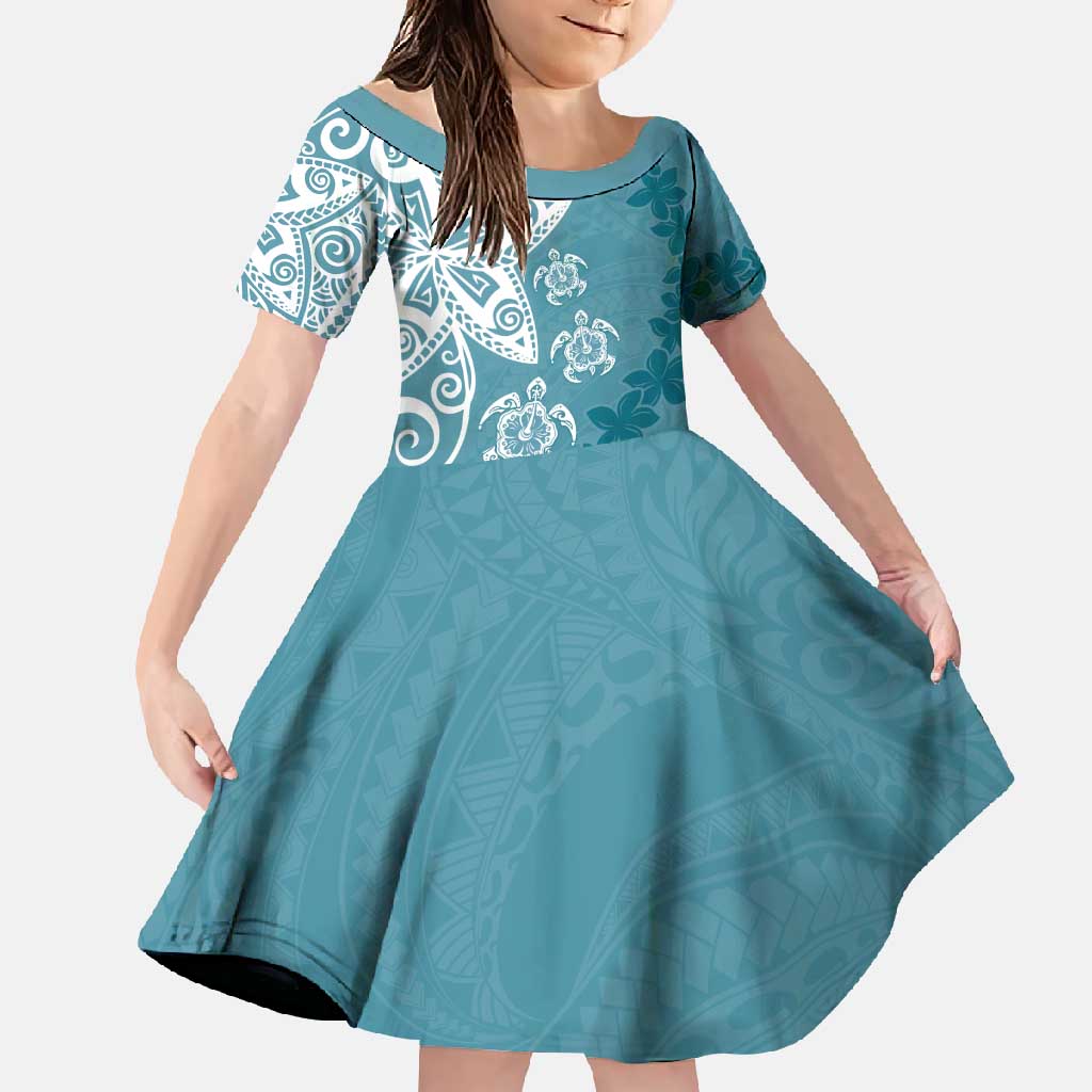 Polynesia Family Matching Tank Maxi Dress and Hawaiian Shirt Hippie Blue Tribal Turtle Floral Pattern LT05 Daughter's Dress Blue - Polynesian Pride