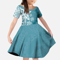 Polynesia Family Matching Tank Maxi Dress and Hawaiian Shirt Hippie Blue Tribal Turtle Floral Pattern LT05 Daughter's Dress Blue - Polynesian Pride