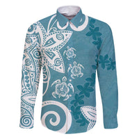 Polynesia Family Matching Tank Maxi Dress and Hawaiian Shirt Hippie Blue Tribal Turtle Floral Pattern LT05 Dad's Shirt - Long Sleeve Blue - Polynesian Pride