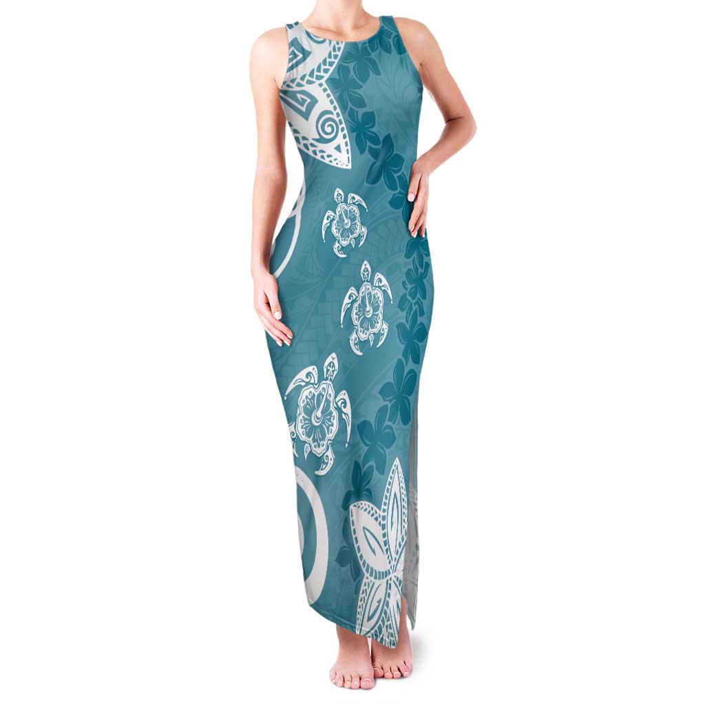 Polynesia Family Matching Tank Maxi Dress and Hawaiian Shirt Hippie Blue Tribal Turtle Floral Pattern LT05 Mom's Dress Blue - Polynesian Pride
