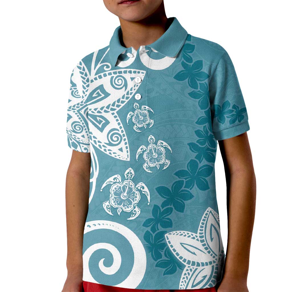 Polynesia Kid Polo Shirt Hippie Blue Tribal Turtle Floral Pattern LT05 Kid Blue - Polynesian Pride