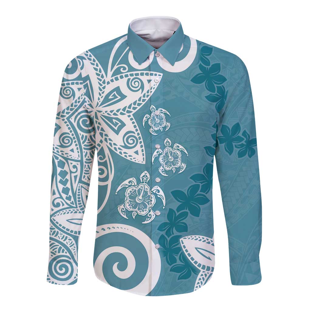 Polynesia Long Sleeve Button Shirt Hippie Blue Tribal Turtle Floral Pattern LT05 Unisex Blue - Polynesian Pride