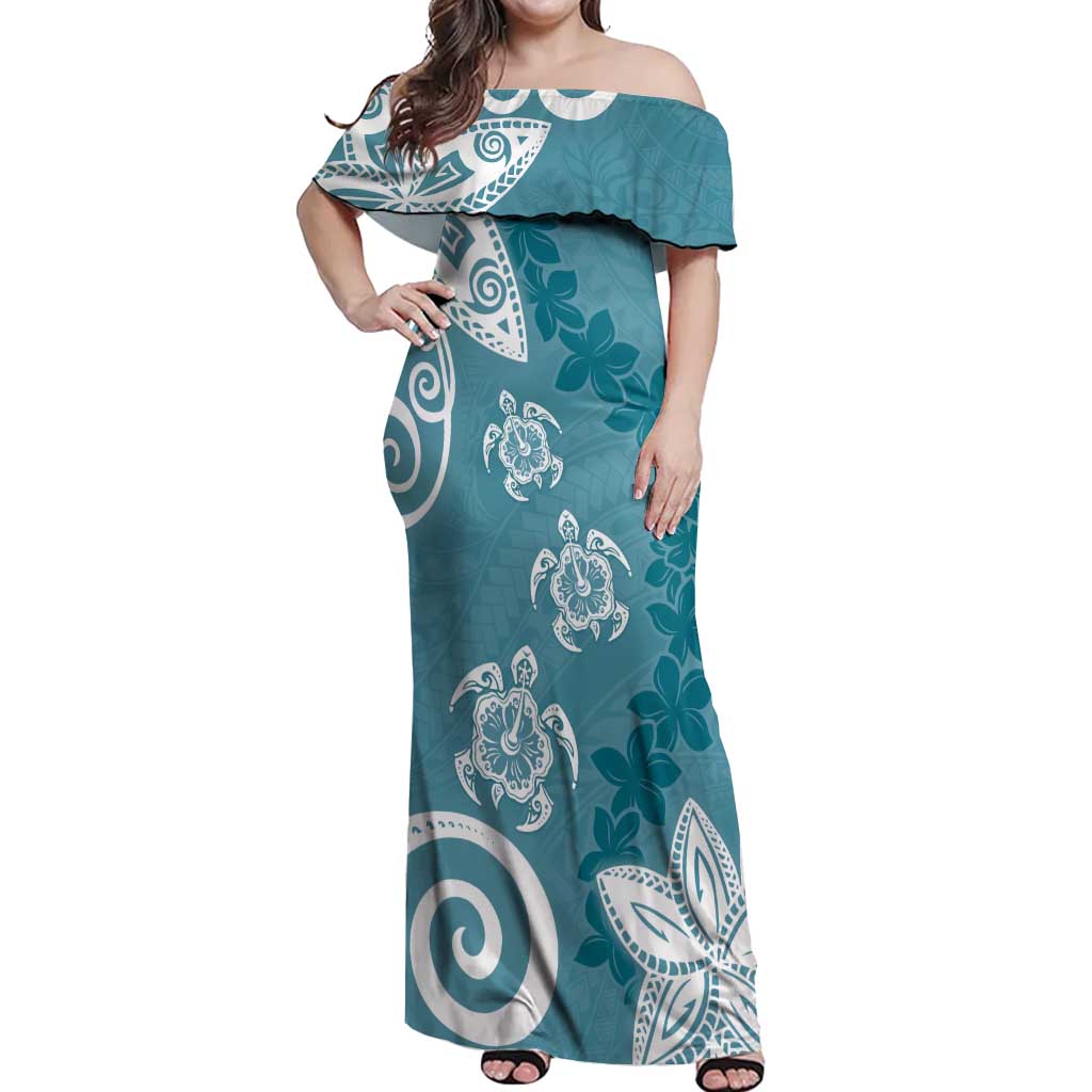 Polynesia Off Shoulder Maxi Dress Hippie Blue Tribal Turtle Floral Pattern LT05 Women Blue - Polynesian Pride
