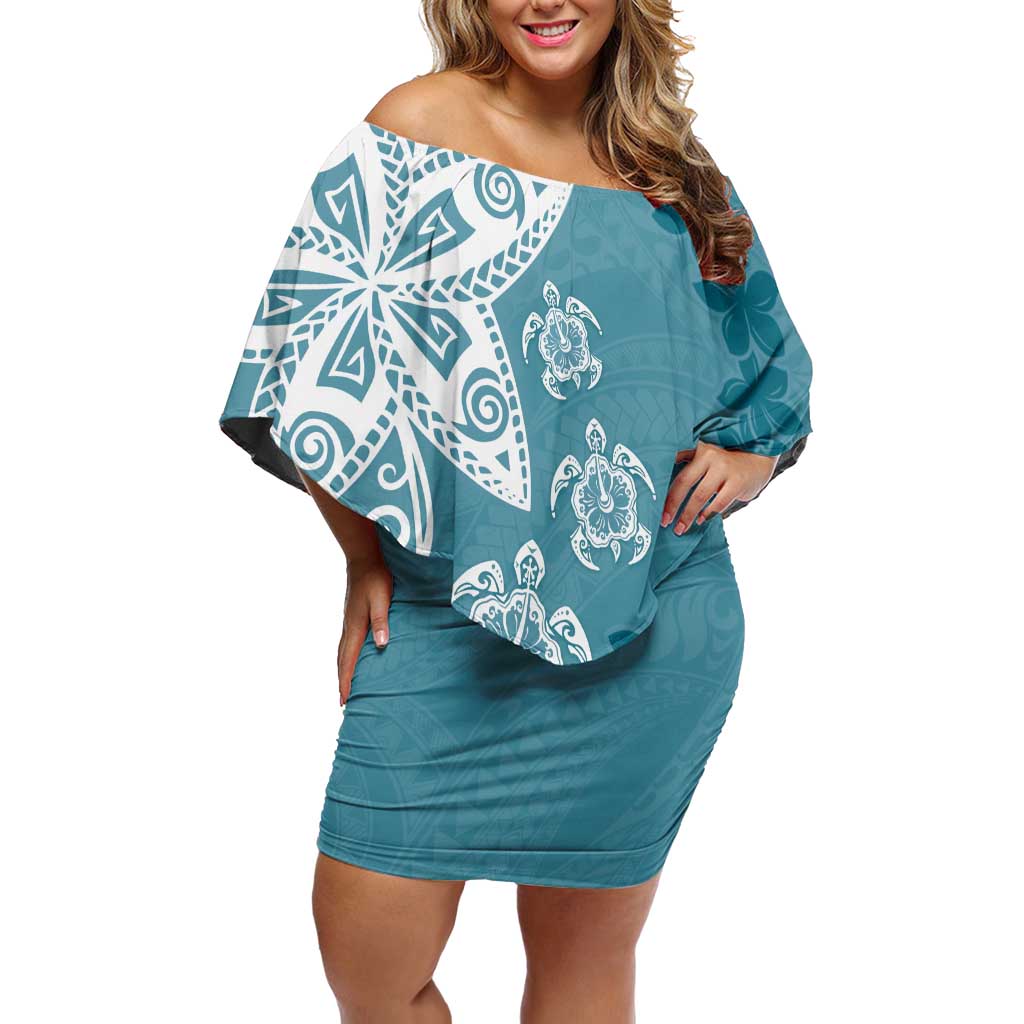 Polynesia Off Shoulder Short Dress Hippie Blue Tribal Turtle Floral Pattern