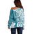 Polynesia Off Shoulder Sweater Hippie Blue Tribal Turtle Floral Pattern