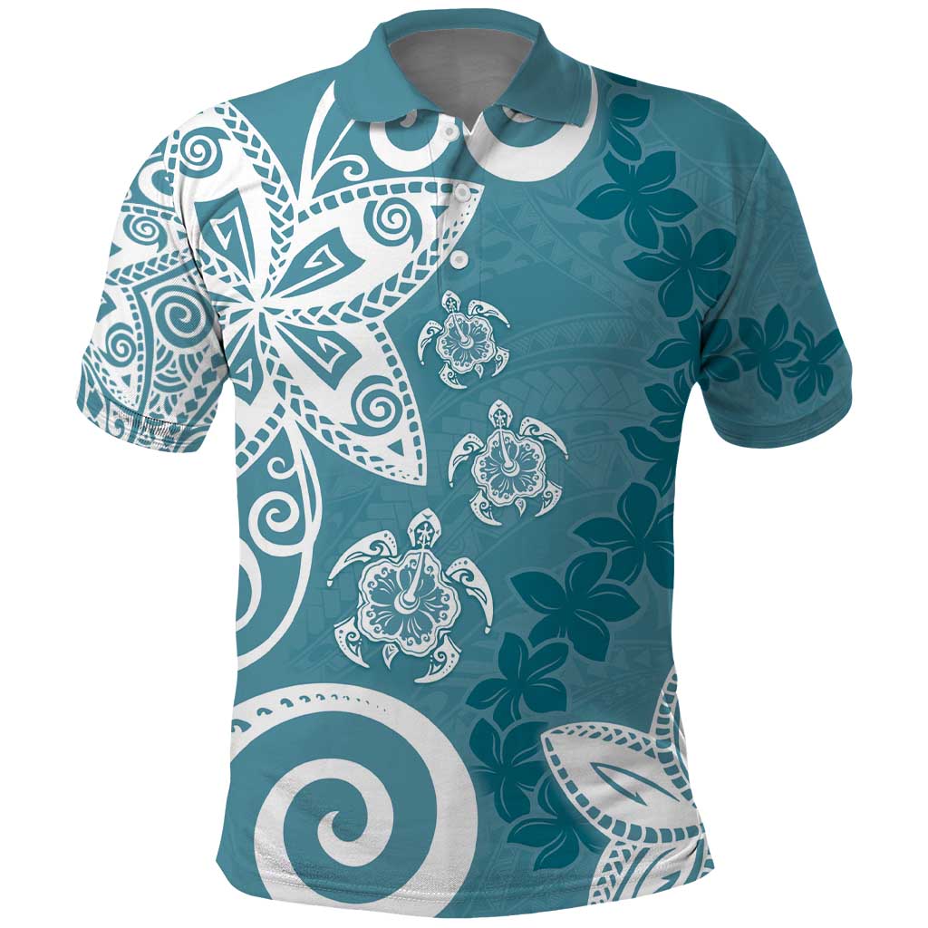 Polynesia Polo Shirt Hippie Blue Tribal Turtle Floral Pattern