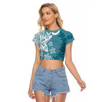 Polynesia Raglan Cropped T Shirt Hippie Blue Tribal Turtle Floral Pattern LT05 Female Blue - Polynesian Pride