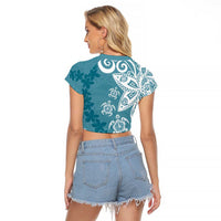 Polynesia Raglan Cropped T Shirt Hippie Blue Tribal Turtle Floral Pattern LT05 - Polynesian Pride