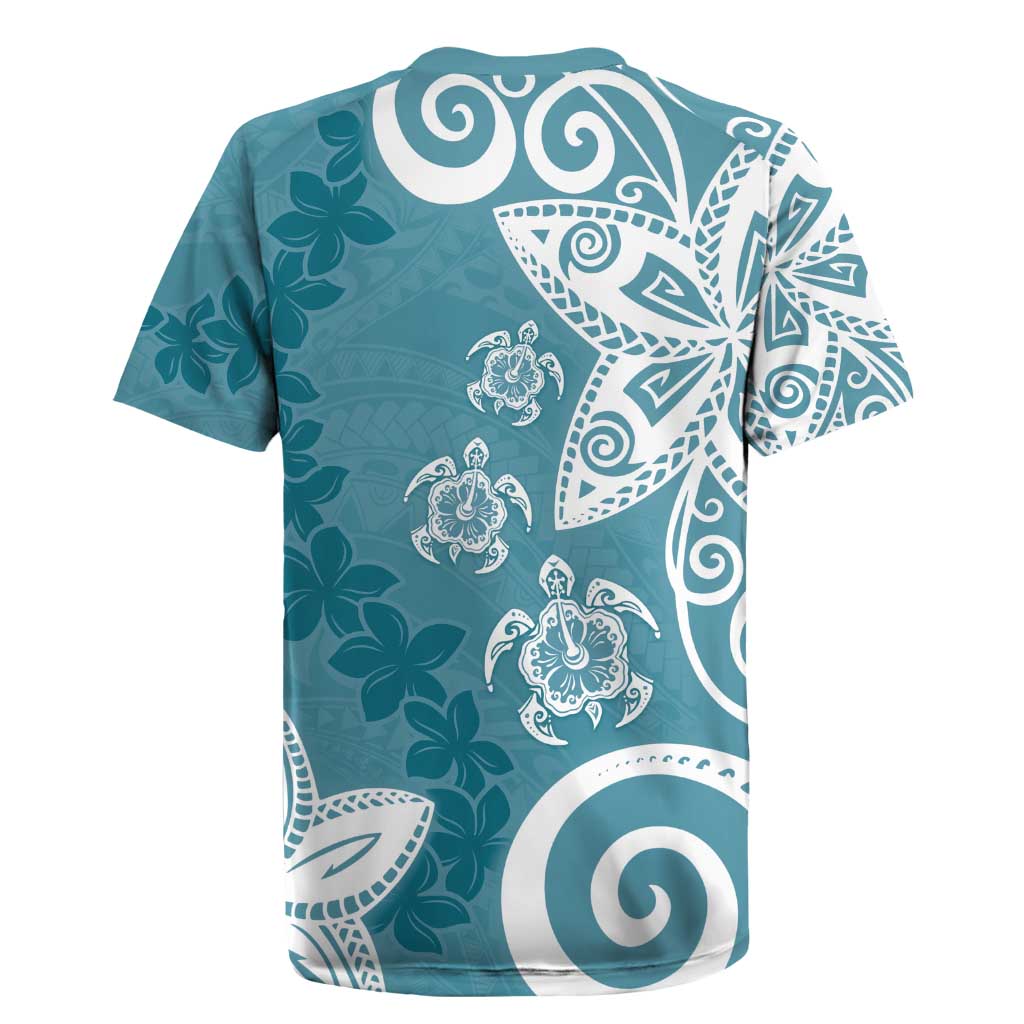 Polynesia Rugby Jersey Hippie Blue Tribal Turtle Floral Pattern