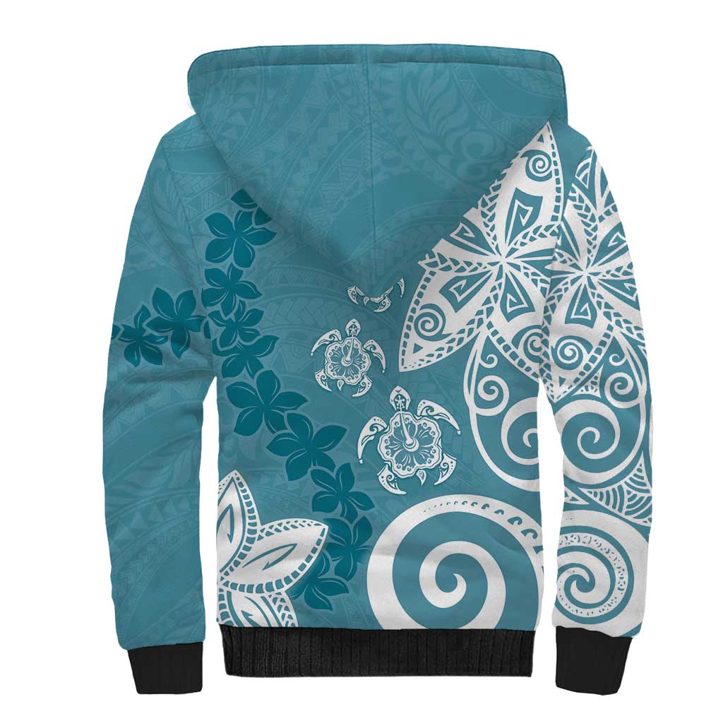 Polynesia Sherpa Hoodie Hippie Blue Tribal Turtle Floral Pattern