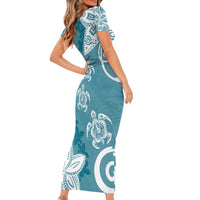 Polynesia Short Sleeve Bodycon Dress Hippie Blue Tribal Turtle Floral Pattern