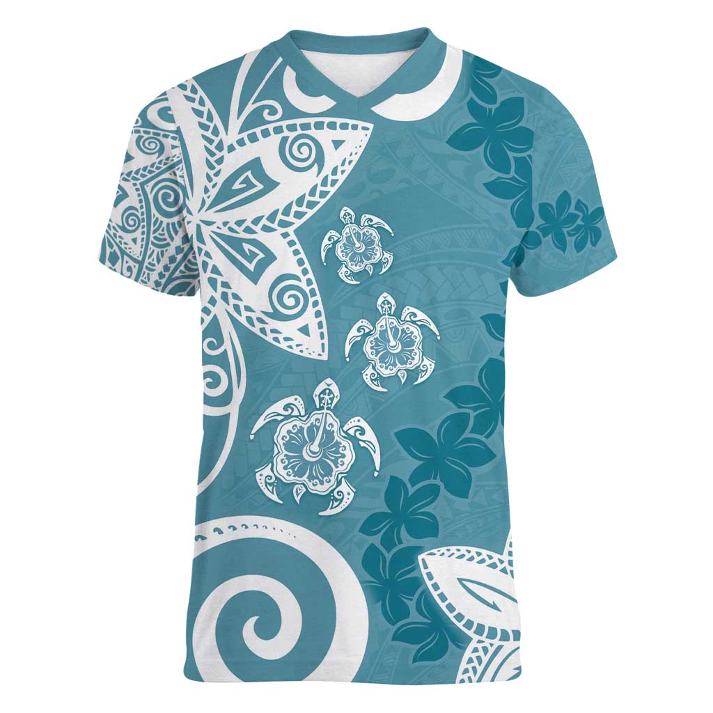 Polynesia Women V-Neck T-Shirt Hippie Blue Tribal Turtle Floral Pattern LT05 Female Blue - Polynesian Pride