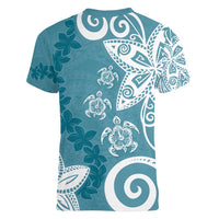 Polynesia Women V-Neck T-Shirt Hippie Blue Tribal Turtle Floral Pattern LT05 - Polynesian Pride