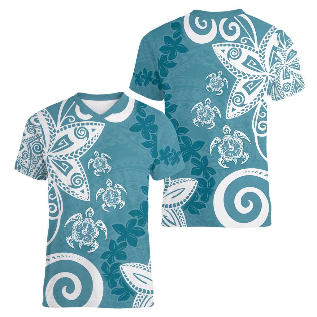 Polynesia Women V-Neck T-Shirt Hippie Blue Tribal Turtle Floral Pattern LT05 - Polynesian Pride