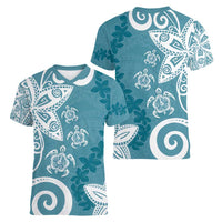Polynesia Women V-Neck T-Shirt Hippie Blue Tribal Turtle Floral Pattern LT05 - Polynesian Pride