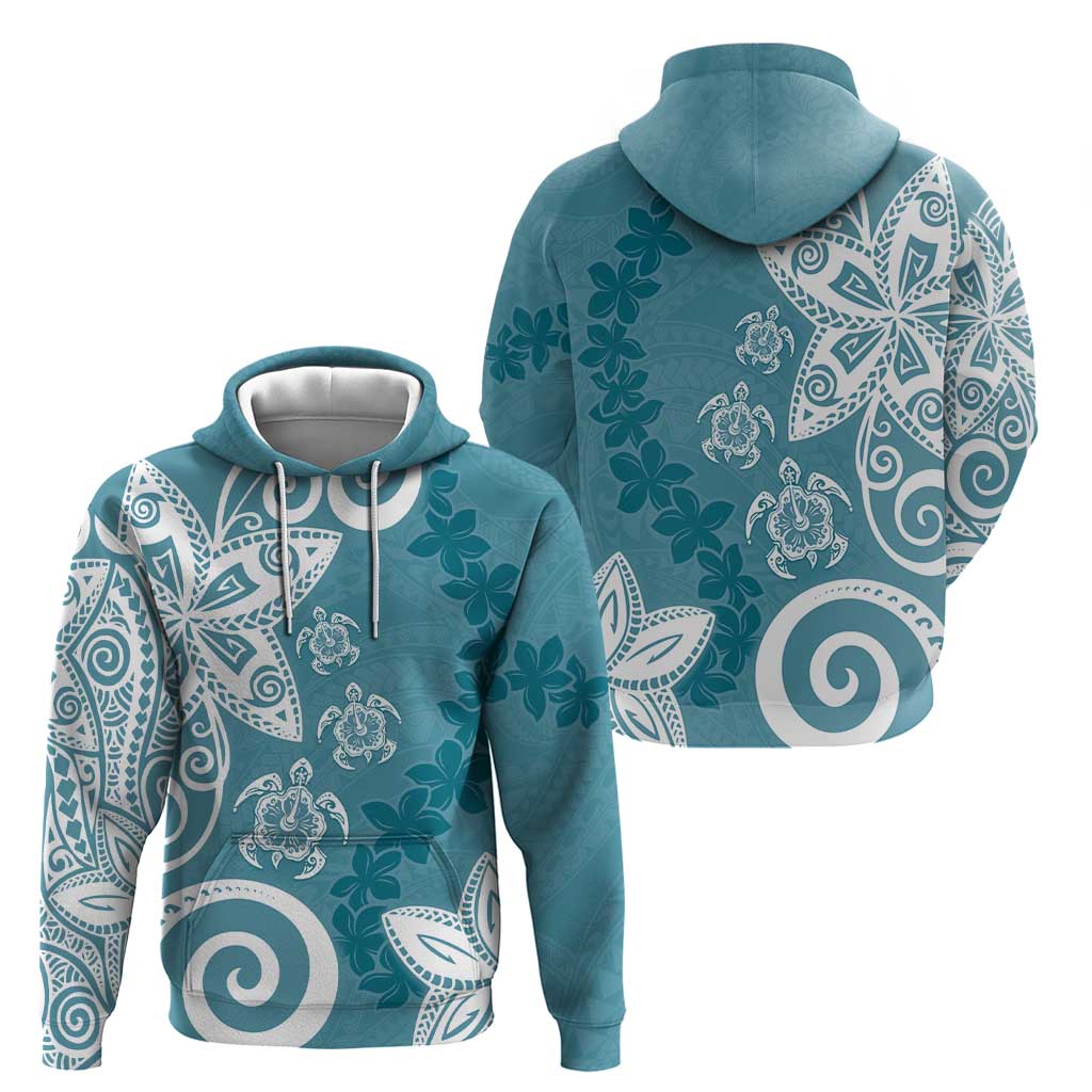 Polynesia Zip Hoodie Hippie Blue Tribal Turtle Floral Pattern
