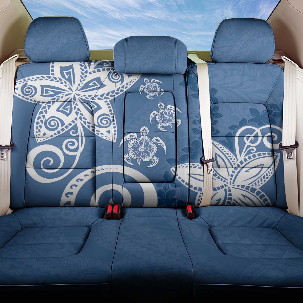 Polynesia Back Car Seat Cover Blue Tribal Turtle Floral Pattern