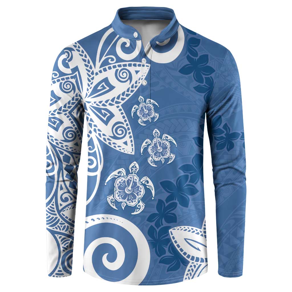 Polynesia Button Sweatshirt Blue Tribal Turtle Floral Pattern