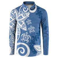 Polynesia Button Sweatshirt Blue Tribal Turtle Floral Pattern