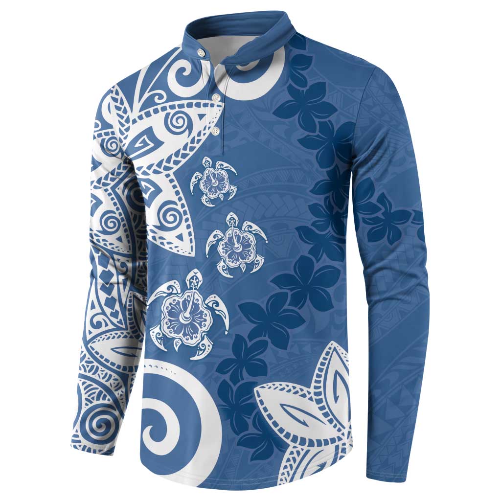 Polynesia Button Sweatshirt Blue Tribal Turtle Floral Pattern