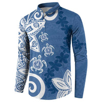 Polynesia Button Sweatshirt Blue Tribal Turtle Floral Pattern