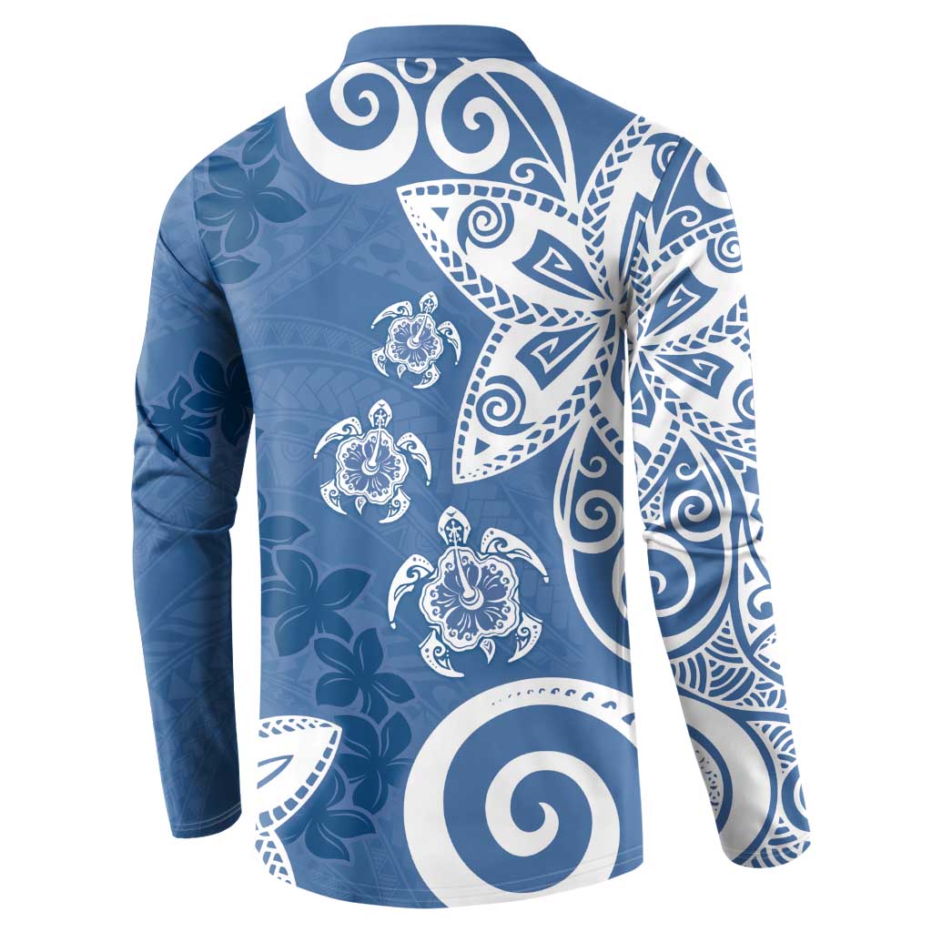 Polynesia Button Sweatshirt Blue Tribal Turtle Floral Pattern